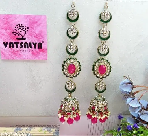 Mehandi Finish Exclusive Meenakari Jumkee with Beautiful Earchain for Women (Multicolor, Free Size)