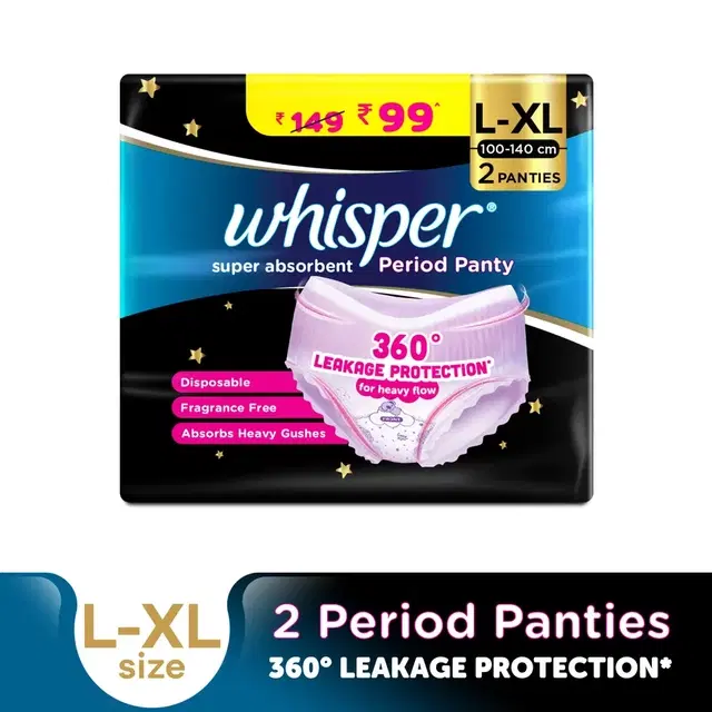 Whisper Super Absorbent Period Panty L-xl 2 Pants, 360 Degree Leakage Protection For Heavy Flow