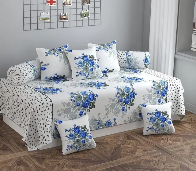Sarangi Vatika Floral Diwan Set with 1 Single Bedsheet, 5 Cushion Cover and 2 Bolster Cover Multicolor 150x225cm