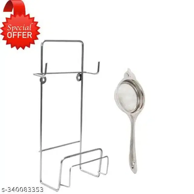 Stainless Steel Belan & Chakla Stand with Tea Strainer, Silver, Set of 2