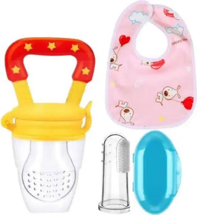 Silicone Fruit Feeder with Finger Brush & Bib for Kids, Multicolor, Set of 3