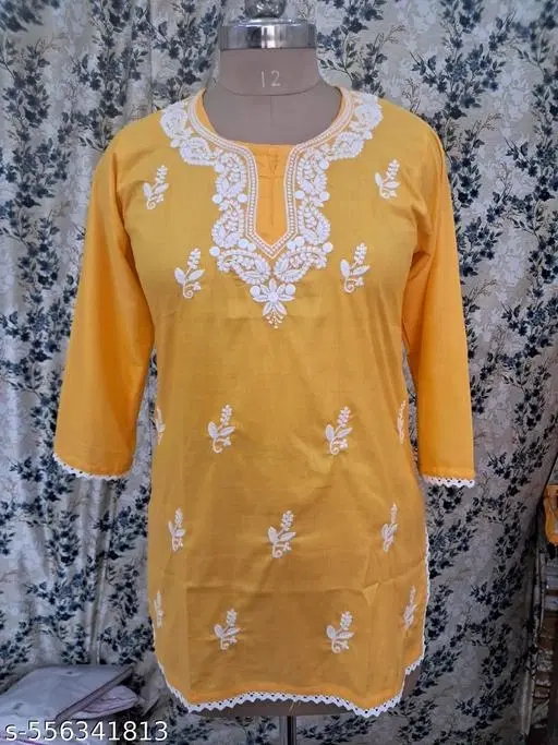 Cotton Chikankari Short Kurti for Women, Yellow (M)
