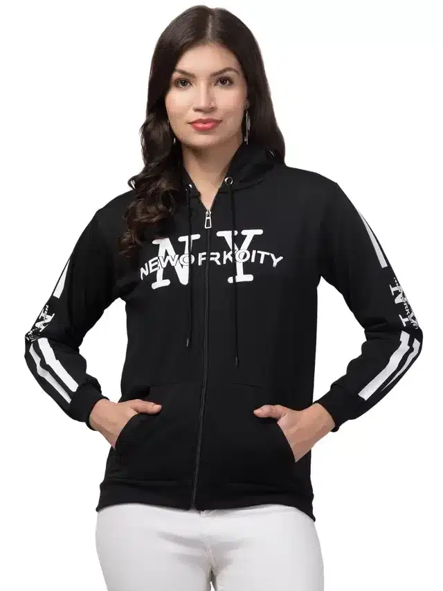 Full Sleeves Printed Hoodie for Women (Black, M)