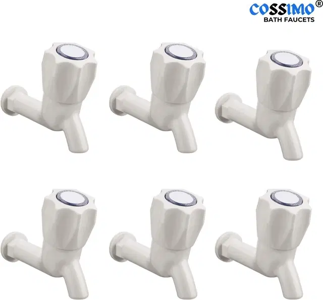 Plastic Short Body Bib Cock Tap with Wall Flange, White, Set of 6