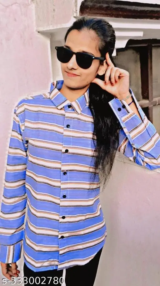 Cotton Blend Striped Shirt for Women, Blue (S)