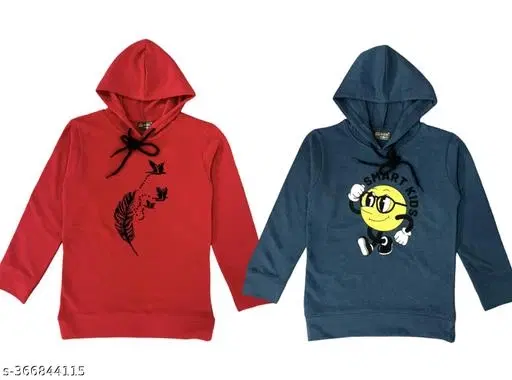 Cotton Blend Printed Hoodie for Girls, Pack of 2 (Red & Navy Blue, 1-2 Years)