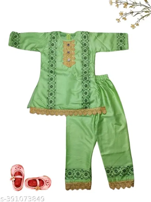 Rayon Printed Kurta with Pant for Girls (Green, 4-5 Years)