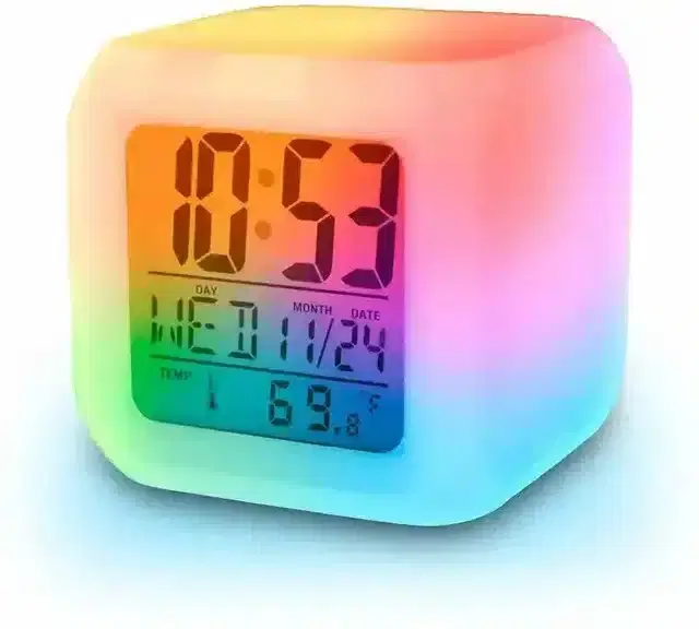 Pickadda Digital Alarm with Thermometer Night Glowing Cube 7 Colors Clock LED, Digital Alarm Clock