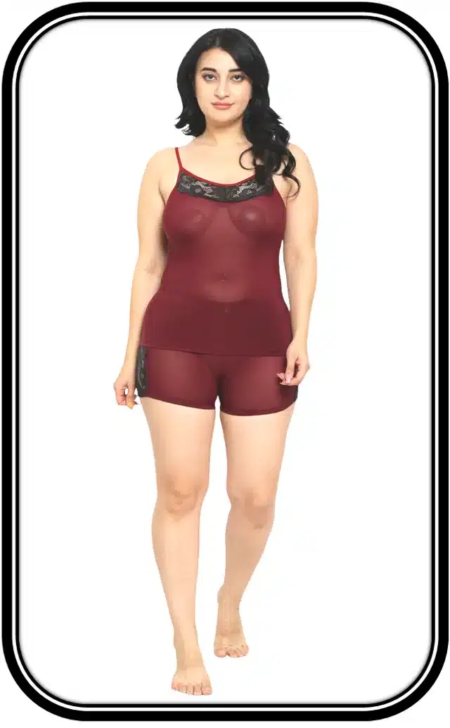 Cotton Blend Babydoll Set for Women (Maroon, XXS)