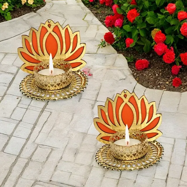 Metal Designer Tealight Candle Holder, Orange, 8x8x7 cm, Pack of 2