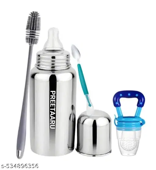 Steel Feeding Bottle 250 Ml, Soft Silicone Fruit Nibbler 10 Ml, Bottle Cleaning Brush With Cutter Spoon Pack Of 4