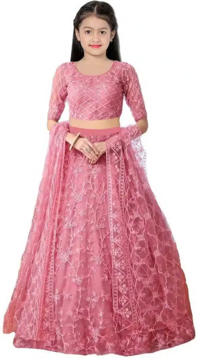 Net Embroidered Semi Stitched Lehenga for Girls (Pink, 13-14 Years)