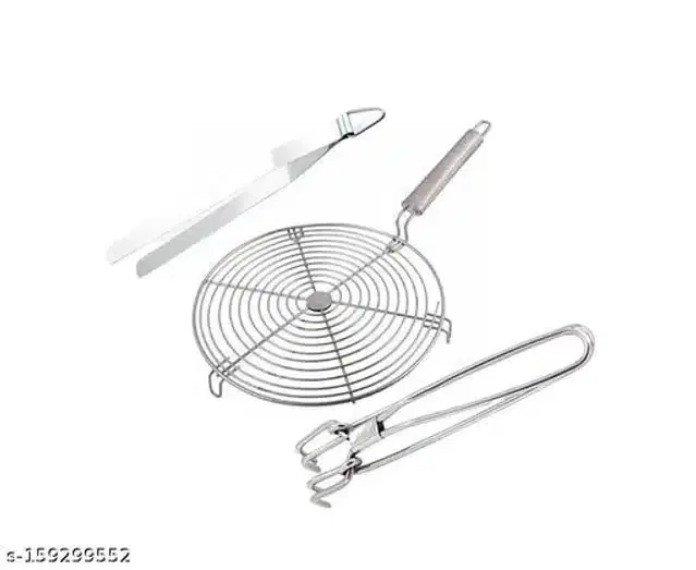 Stainless Steel BBQ Grill with 2 Pcs Cooking Tong, Silver, Set of 3