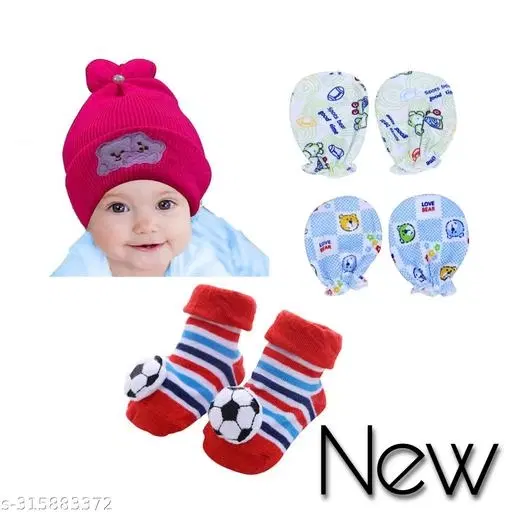 Combo of Cap, Booties & Mitten, Set of 4 (2 Pair) (Multicolor)