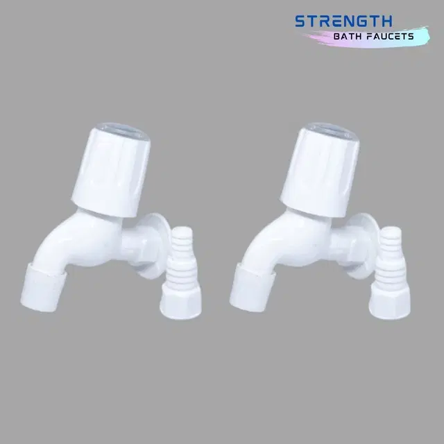 Plastic Short Body Bib Cock Tap with Wall Flange, White, Set of 2