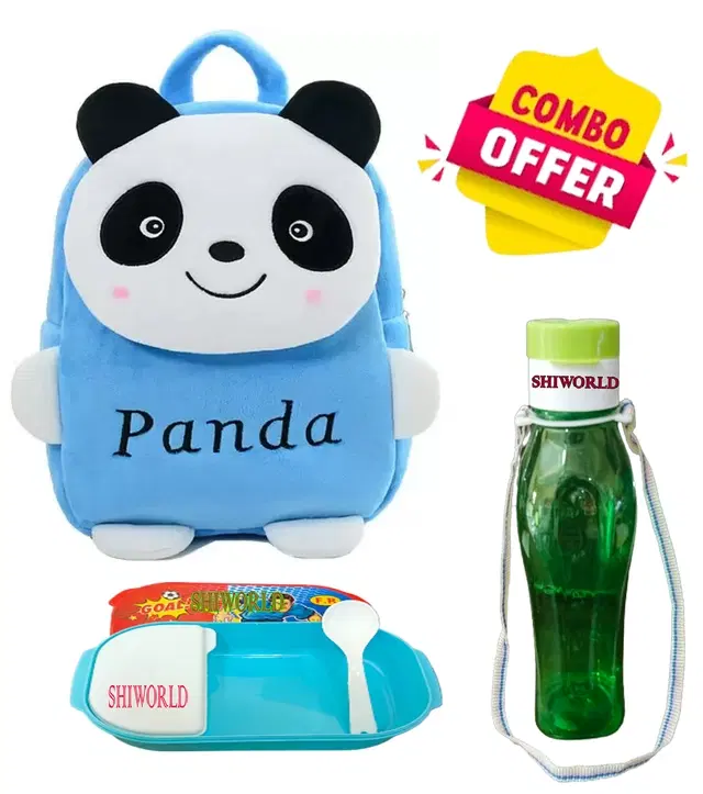 Combo of Fabric School Bag, Water Bottle with Lunch Box for Kids, Multicolor, Set of 3
