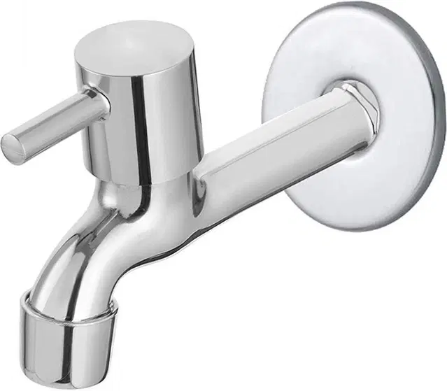 Stainless Steel Long Body Bib Cock Tap with Wall Flange, Silver, Set of 1