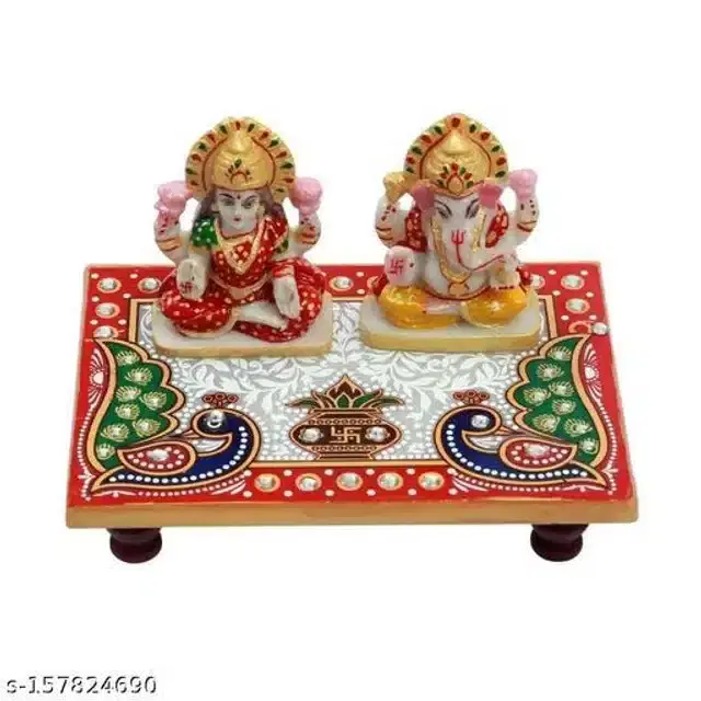 Marble Pooja Chowki with Lord Laxmi Ganesh ji Idols, Multicolor, Set of 2