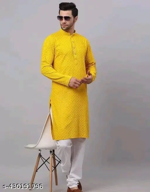 Embellished Regular Kurta for Men (Yellow, S)