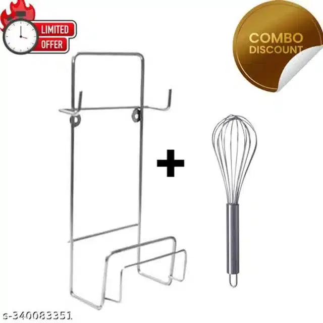 Stainless Steel Belan & Chakla Stand with Whisk, Silver, Set of 2
