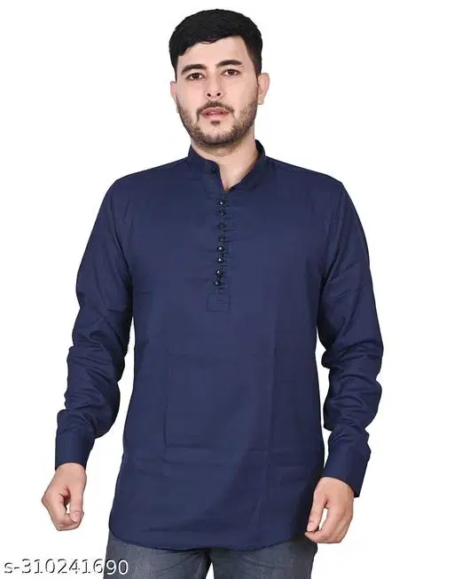 Cotton Blend Solid Short Kurta for Men, Navy Blue (M)