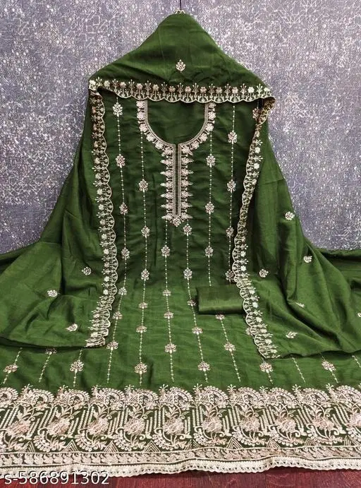 Vichitra Silk Punjabi/All Over Suits Semi-Stitched Suits (Green, 6.25 meter for Women (L)