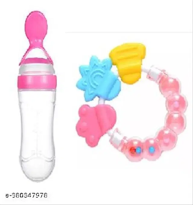 Feeding Bottle, 90 ml with Rattle Toy for Baby, Multicolor, Set of 2