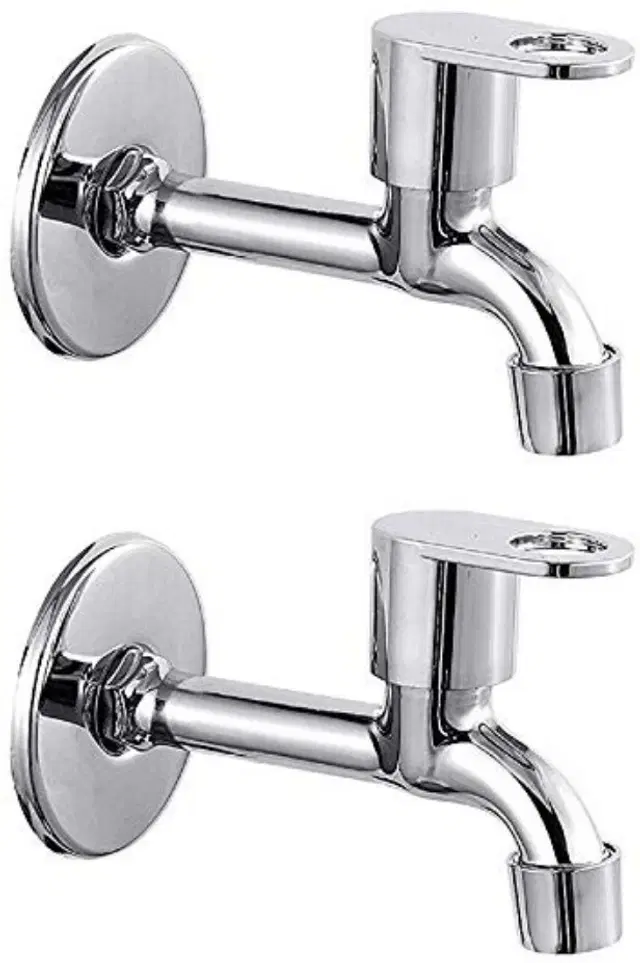 Stainless Steel Long Body Bib Cock Tap with Wall Flange, Silver, Set of 2