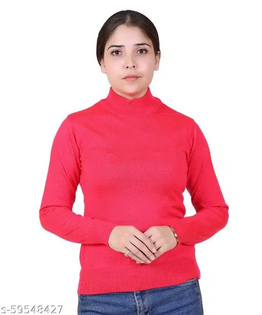 Hi-Neck Sweater for Women (Dark Pink, L)