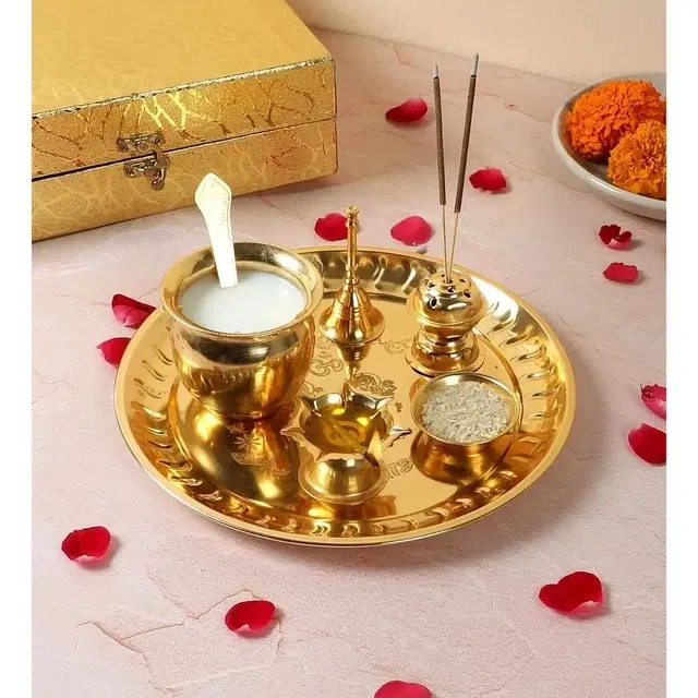 Golden Brass Pooja Thali Set With Velvet Box For Pooja2 5x25x8.5cm
