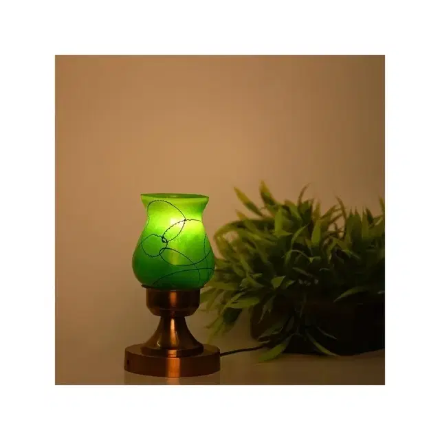 Glass Shade Table Lamp With Brass Base (Green)