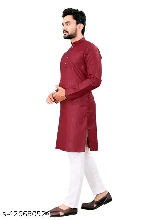 Stripe Self Design Show Button Mandarin Neck Kurta for Men (Maroon, S)