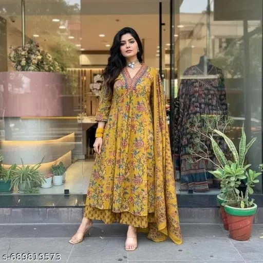 Viscose Rayon Kurta & Plazo With Dupatta Yellow (XL)