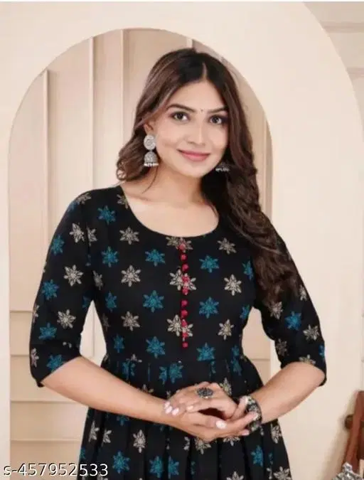 Women Embroidered Rayon Anarkali Kurta, Black (L)