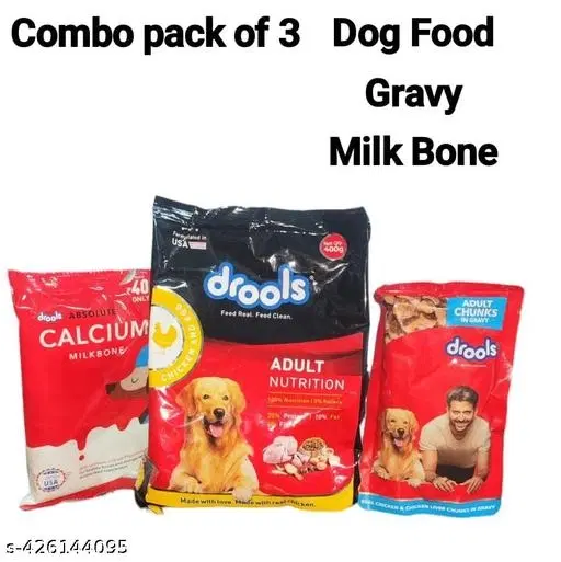 Drools Adult Dry Dog Food ,Chicken and Egg 400gm pouch +drools absolute calcium milk bone 1 pcs +drools adult chunks in gravy 150gm__for healthy bones and stronger teeth __healthy skin & coat __feed real feed clean (pack of 3)