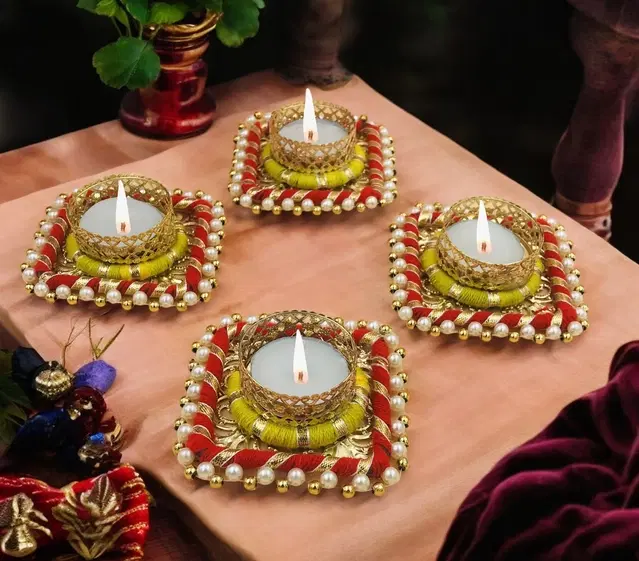 Metal Designer Tealight Candle Holder, Multicolor, 8x8x2.5 cm, Pack of 4