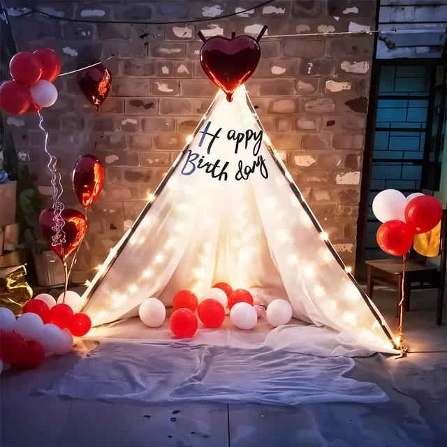 24 Pcs Birthday Cabana Tent Decorations, Multicolor White Net Curtain with Happy Birthday Banner, LED Light, Metallic Balloons