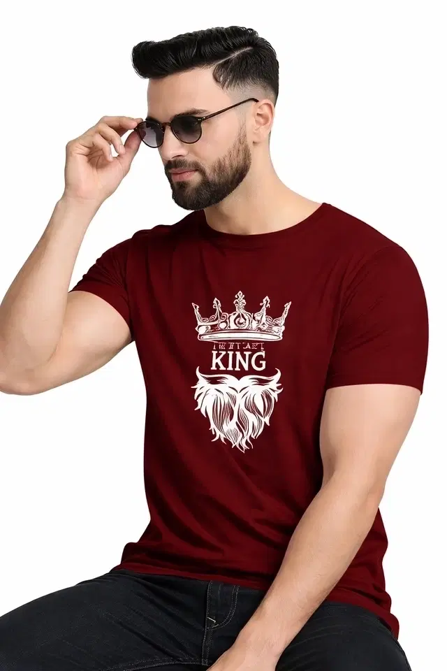 Crew Neck Chest Printed T-Shirts for Men (Maroon, M)