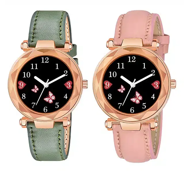 Designer Leather Analog Watch for Women & Girls, Pack of 2 (Green & Peach)