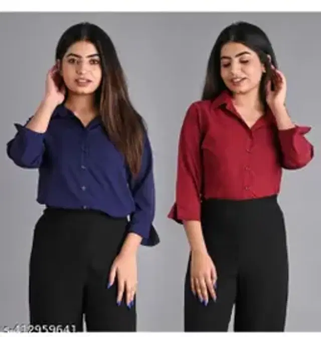 Three-Quarter Sleeves Solid Shirt for Women, Pack of 2 (Royal Blue & Maroon, S)
