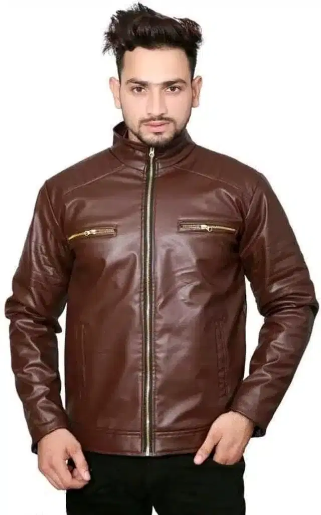 PU Full Sleeves Jacket for Men (Dark Brown, M)