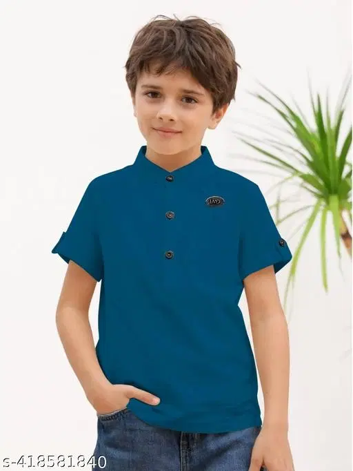 Solid Cotton Blend Kurta Set for Boys (Teal, 6-7 Years)