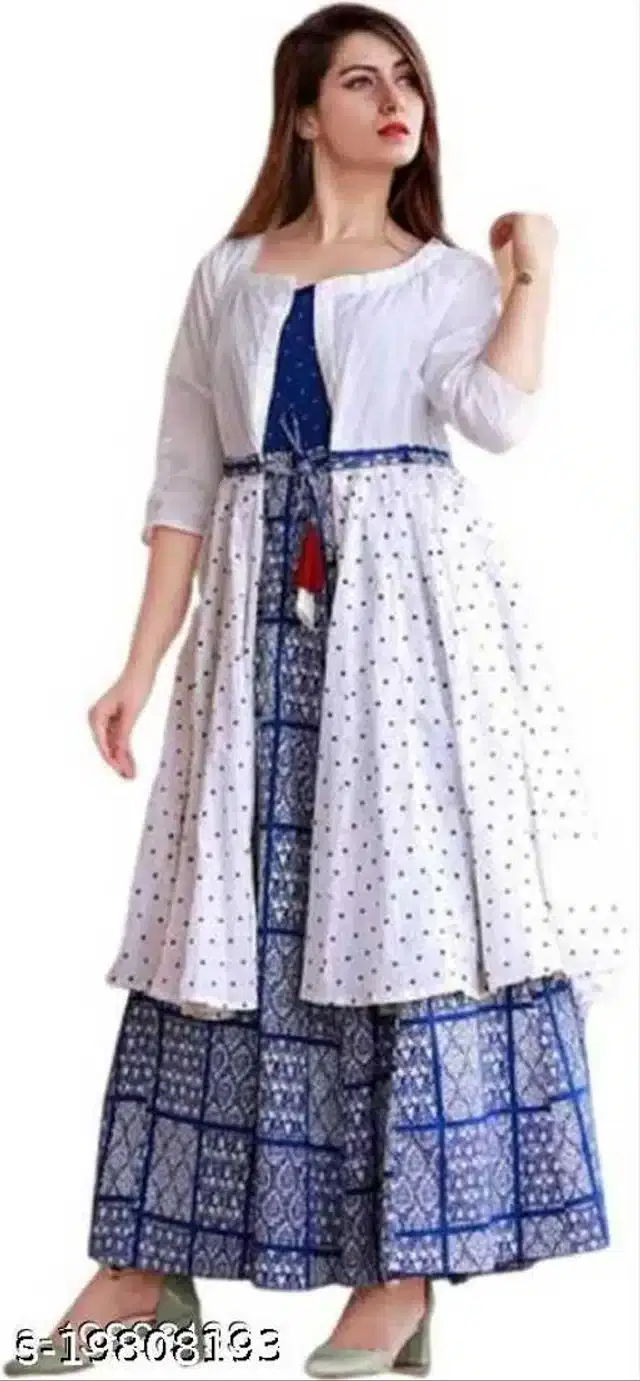 Rayon Printed Gown with Jacket Set for Women (White & Blue, S)