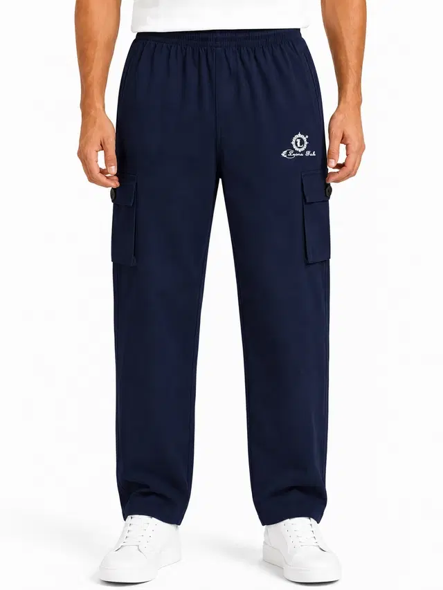 Solid Slim Fit High Rise Drawstring Polycotton Track Pants for Men (Navy Blue, M)