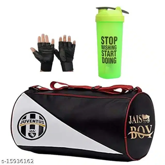 Combo of Gym Bag with Shaker Bottle, 400 ml, Gloves, Multicolor, Set of 3