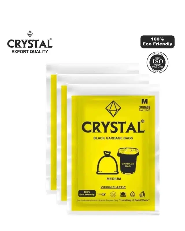 Crystal Garbage Bags 19 X 21 Inches (Medium Size) 30pcs Dustbin Bag/Trash Bag - Black Color (Pack of 3)
