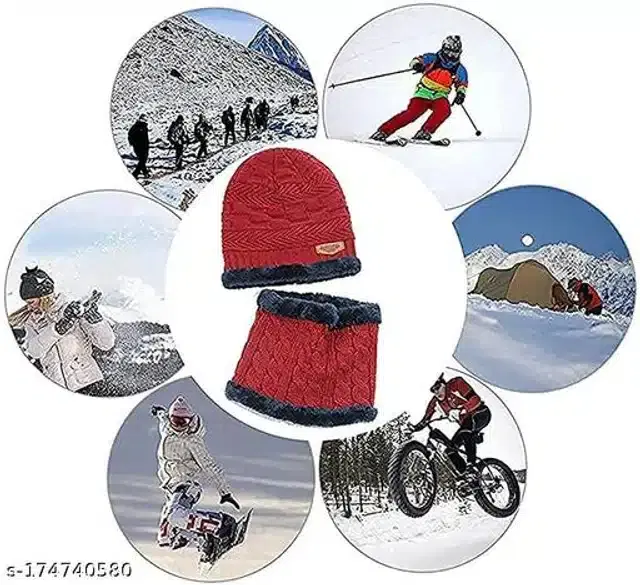 Woolen Winter Beanie Cap with Neck Warmer for Kids (Red, 5-14 Years)