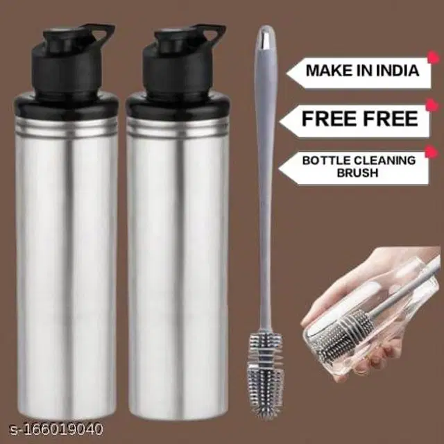 Stainless Steel 2 Pcs Water Bottle, 1000 ml with Cleaning Brush, Silver, Set of 3