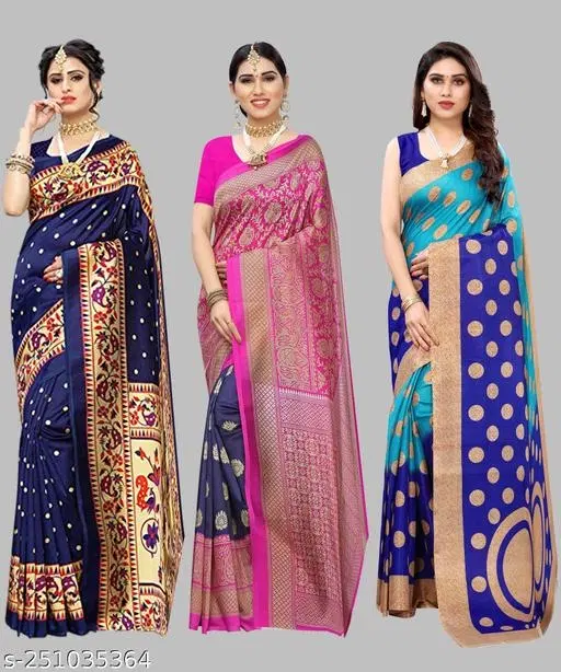 Art Silk Saree for Women, Pack of 3 (Blue, Free Size)