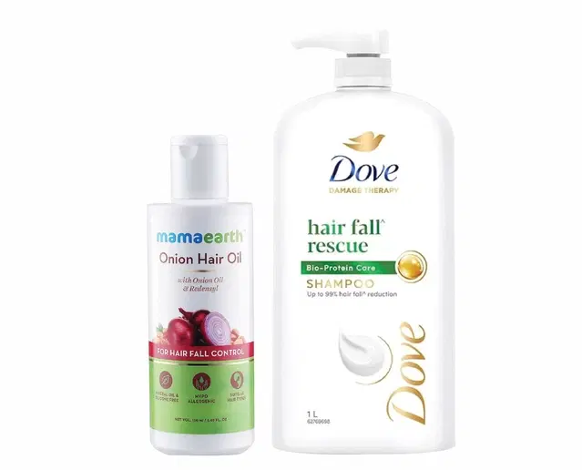 Combo of Mamaearth Onion Herbal Hair Oil, 150 ml & Dove Hair Fall Rescue Shampoo, 1000 ml, Set of 2